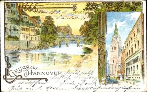 Passepartout Litho Hannover, alte Häuser an der Leine, Straßenansicht
