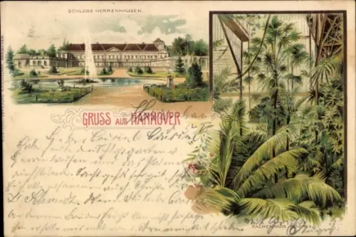 Litho Herrenhausen Hannover in Niedersachsen, Schloss Herrenhausen, Palmenhaus