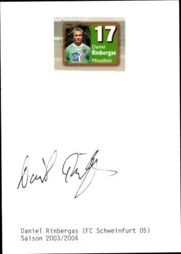 Autogrammkarte Fußballer Daniel Rinbergas, 1. FC Schweinfurt 05, Autogramm