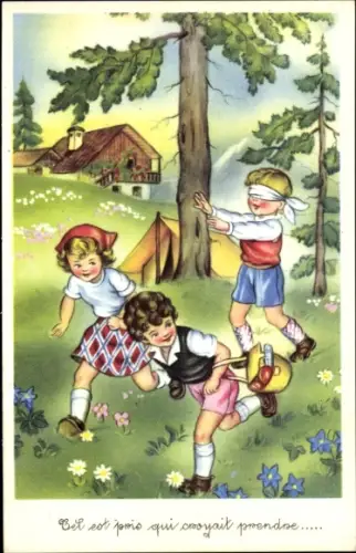 Ak Kinder spielen Blinde Kuh, Haus, Zelt, Blumen