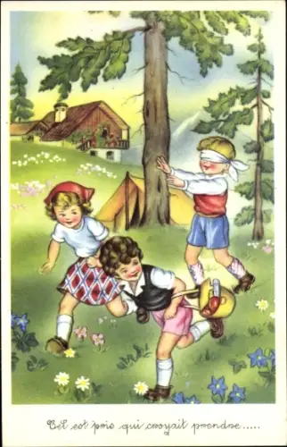 Ak Kinder spielen Blinde Kuh, Haus, Zelt, Blumen