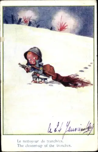 Künstler Ak Junger Soldat mit Besen, Schnee, Winter