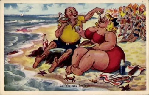 Ak Liebespaar am Strand, Rundliche Frau, Badeanzug