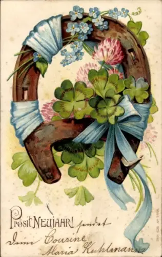 Präge Ak Glückwunsch Neujahr, Kleeblätter, Hufeisen, Blumen