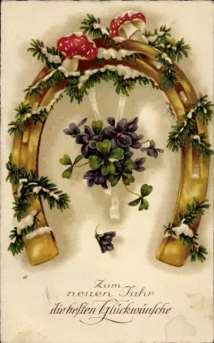 Ak Prosit Neujahr, Hufeisen, Fliegenpilze, Tannenzweige, Blumen
