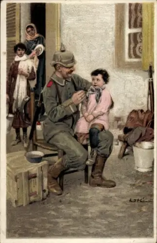 Künstler Ak Heilemann, E., Barbaren, Deutscher Soldat füttert Kleinkind