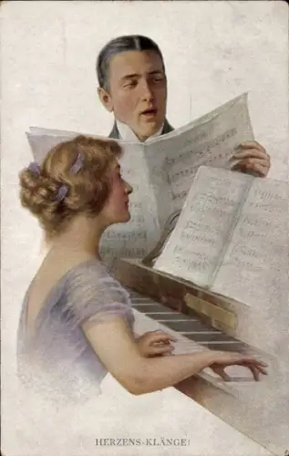 Künstler Ak Herzensklänge, Liebespaar beim Musizieren