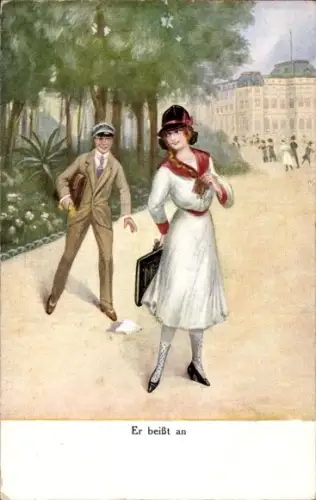 Künstler Ak Er beißt an, Dame, Taschentuch, Kavalier, Park, Kitsch