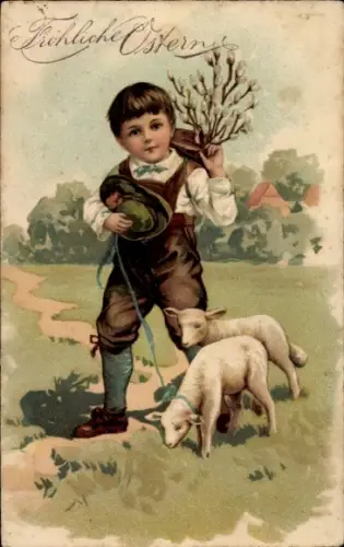 Präge Litho Fröhliche Ostern, Kind mit Weidenkätzchen, Lämmer