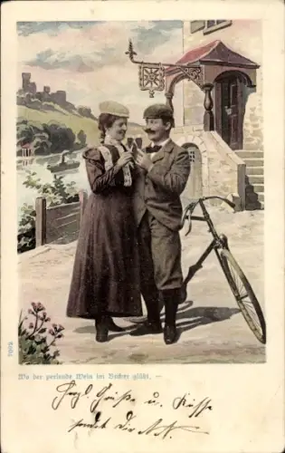 Ak Wo der perlende Wein im Becher glüht, Paar mit Weingläsern, Fahrrad