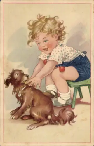 Künstler Ak Kind spielt mit einem Hund