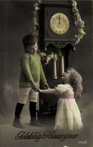Ak Glückwunsch Neujahr, Kinder, Uhr