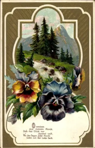 Präge Litho O vernimm aus meinem Munde, Stiefmütterchen, Gebirgslandschaft, Kitsch
