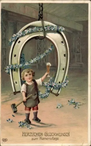 Präge Ak Glückwunsch Neujahr, Hufeisen, Schmied mit Bierglas und Hammer, Vergissmeinnicht