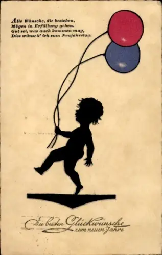 Scherenschnitt Ak Glückwunsch Neujahr, Kind mit Luftballon