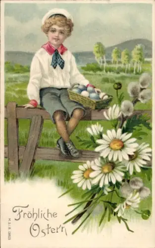 Litho Glückwunsch Ostern, Kind, Ostereier, Weidenkätzchen
