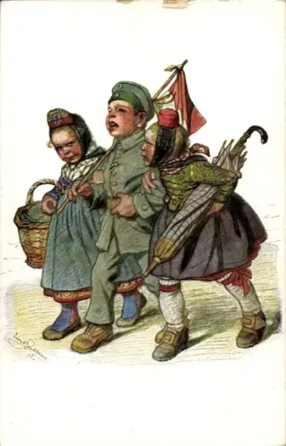 Künstler Ak Beithan, Emil, Mädchen in hessischen Trachten, Junge als Soldat, 1. WK