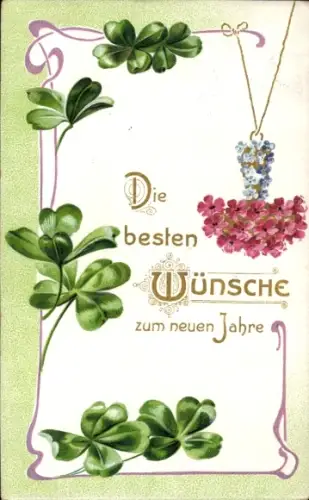 Präge Ak Glückwunsch Neujahr, Glücksklee, Blumen