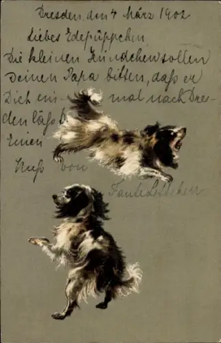Präge Litho Zwei kleine Hunde, Schwarz weißes Fell, Bellend