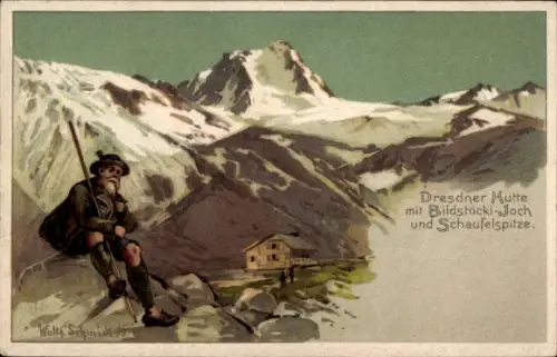 Künstler Ak Schmidt, Neustift im Stubaital Tirol, Dresdner Hütte, Bildstöckl-Joch und Schaufelspitze