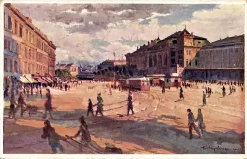 Künstler Ak Myslivec, Fr., Brno Brünn Südmähren, Bahnhof, Nadrazi