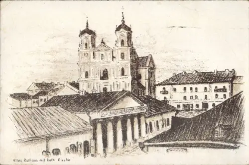Künstler Ak Hrodna Grodno Weißrussland, Blick auf altes Rathaus mit kath. Kirche
