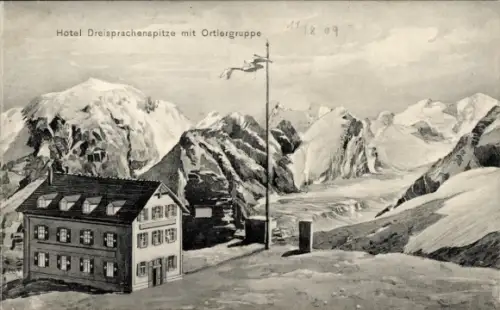 Ak Passo dello Stelvio Stilfserjoch Stilfser Joch Südtirol, Hotel Dreisprachenspitze m. Ortlergruppe