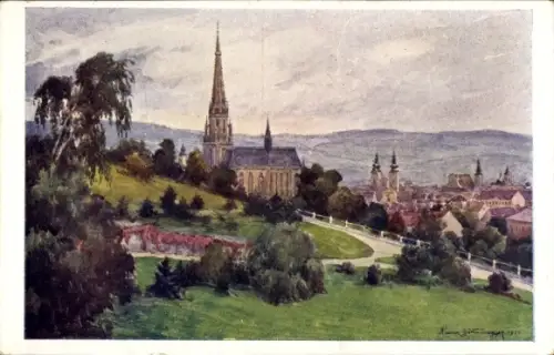 Künstler Ak Linz an der Donau Oberösterreich, Blick vom Bauernberg