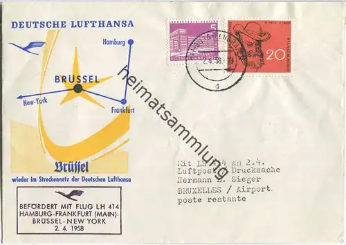 Luftpost Deutsche Lufthansa - Wiederaufnahme des Flugverkehrs Hamburg - Brüssel am  2.April 1958