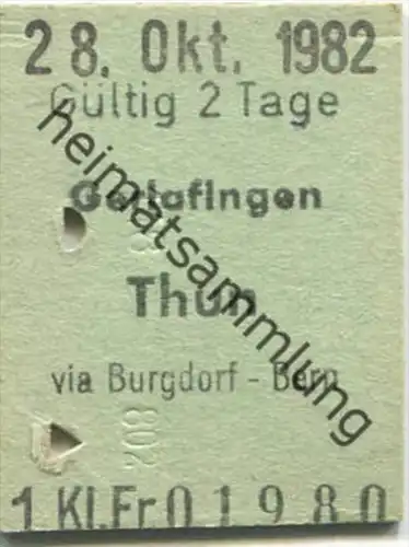 Gerlafingen - Thun - 1. Klasse 1/2 Preis - Fahrkarte 1982