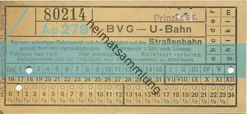 Berlin - BVG - U-Bahn mit Anschlussfahrt auf der Strassenbahn - Prinzenstrasse - Fahrschein
