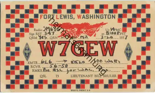 QSL - Radio - W7GEW - USA - Fort Lewis WA - 1937