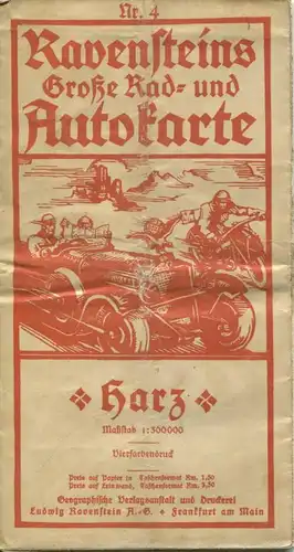 Ravensteins Große Rad- und Autokarte - Harz 30er Jahre - Maßstab 1:300'000 - 57cm x 63cm - Vierfarbendruck Nr. 4 - stark