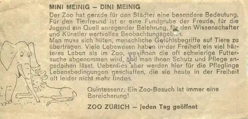 Schweiz - Verkehrsbetriebe der Stadt Zürich - Fahrschein - rückseitig Werbung Zoo Zürich