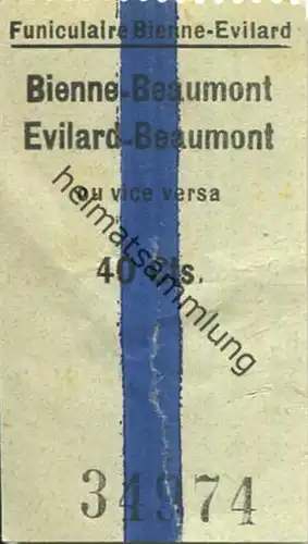 Schweiz - Funiculaire Bienne-Evilard - Bienne Beaumont ou vice versa - Fahrschein 40Cts.