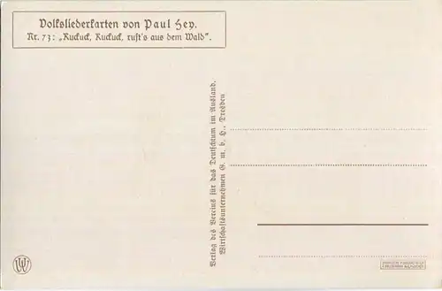 Paul Hey - Volksliederkarte Nr. 73 - Kuckuck Kuckuck ruft's aus dem Wald - Künstlerkarte 20er Jahre