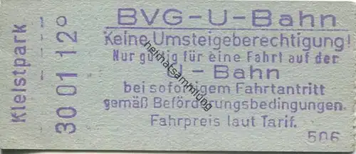 Deutschland - Berlin - BVG U-Bahn - U-Bahn Fahrschein - Turmstrasse - rückseitig Zudruck BVG-Adresse und Fahrpreis