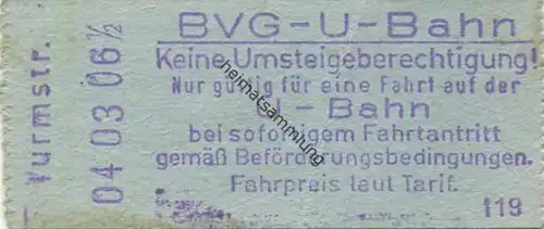 Deutschland - Berlin - BVG U-Bahn - U-Bahn Fahrschein - Kleistpark - rückseitig Zudruck BVG-Adresse und Fahrpreis