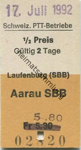 Schweiz - Schweizerische PTT-Betriebe - Laufenburg (SBB) Aarau SBB - 1/2 Preis - Postauto Fahrkarte Fr 5.80