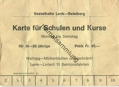 Schweiz - Sesselbahn Lenk-Betelberg - Karte für Schulen und Kurse 1968