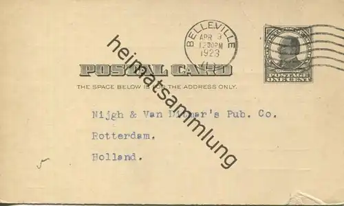 USA - Postkarte mit Zudruck 1923 - Belleville Public Library - Unterschrift Bella Steuernagel - Ganzsache