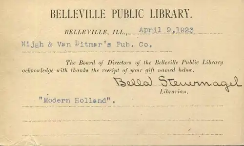 USA - Postkarte mit Zudruck 1923 - Belleville Public Library - Unterschrift Bella Steuernagel - Ganzsache