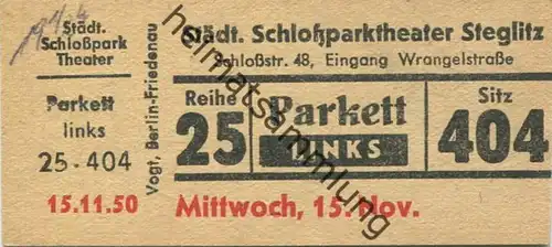Deutschland - Berlin - Städtisches Schloßparktheater - Schloßstr. 48 (Eingang Wrangelstr.) - Eintrittskarte 1950 - besch