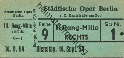 Deutschland - Berlin - Städtische Oper Berlin z. Z. Kantstrasse am Zoo - Eintrittskarte 1954 - beschrieben "Der Troubado