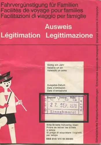 Schweiz - Fahrvergünstigung für Familien - Ausweis Gültig für ein Jahr 1971