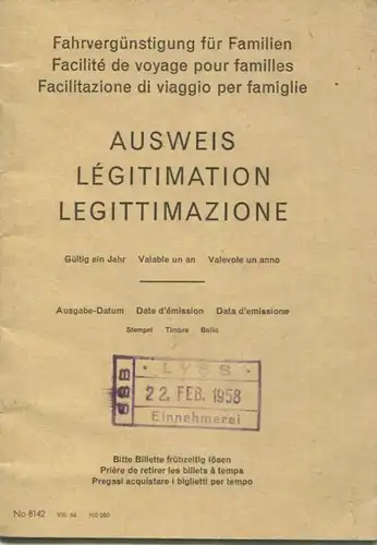 Schweiz - Fahrvergünstigung für Familien - Ausweis Gültig für ein Jahr 1958