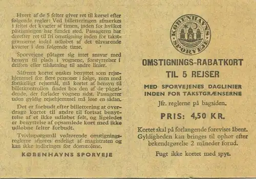 Dänemark - Omstignings Rabatkort - Kobenhavns Sporveje 1962 - Fahrkarte 5 Rejser