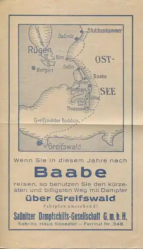 Deutschland - Saßnitzer Dampfschiffs-Gesellschaft GmbH - Baabe - Fahrplan 1937