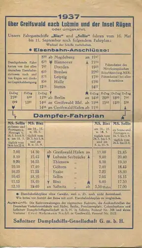 Deutschland - Saßnitzer Dampfschiffs-Gesellschaft GmbH - Baabe - Fahrplan 1937