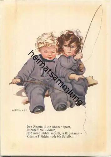 Mädchen und Junge beim Angeln - Künstler-Ansichtskarte Hilla Peyk